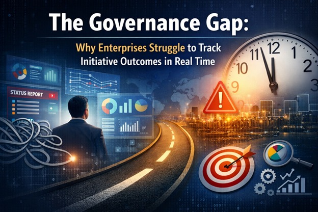 Corporate executives reviewing dashboards showing disconnect between strategy execution and outcomes in enterprise governance gap concept