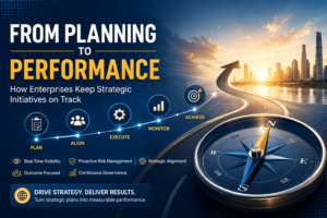 Enterprise strategic initiative management dashboard showing planning, execution, governance, risk monitoring, and performance tracking.