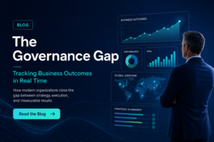 The Governance Gap – Business leader analyzing real-time performance dashboards and business outcome metrics.