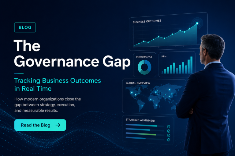 The Governance Gap – Business leader analyzing real-time performance dashboards and business outcome metrics.