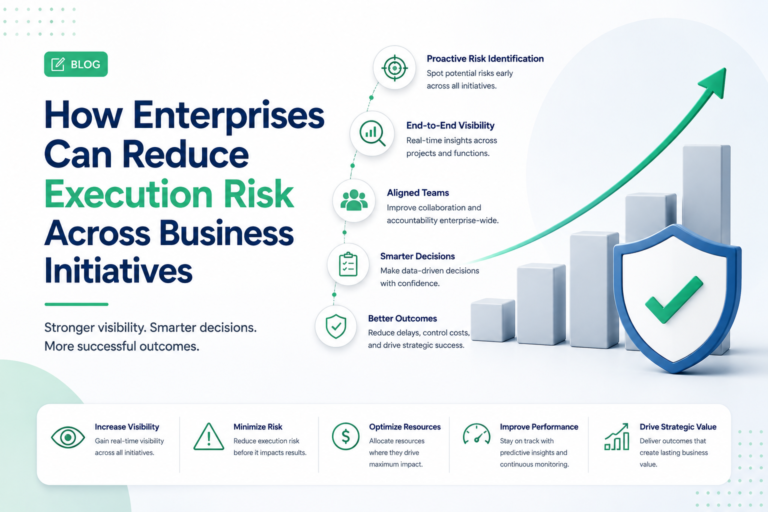 Enterprise business illustration showing a growth chart with a protective shield, representing reduced execution risk, improved governance, and successful business initiative management.