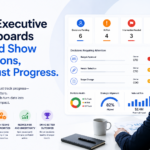 Executive reviewing a project dashboard showing pending decisions, risks, interventions, portfolio health, strategic alignment, and value at risk.