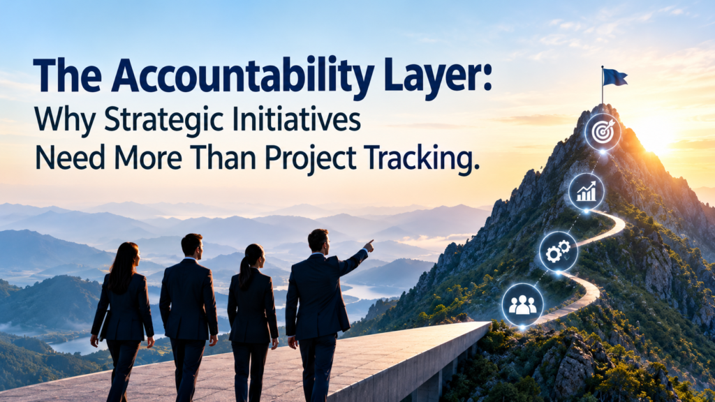 Business leaders overlooking a mountain with a strategic roadmap illustrating accountability, growth, and successful initiative execution