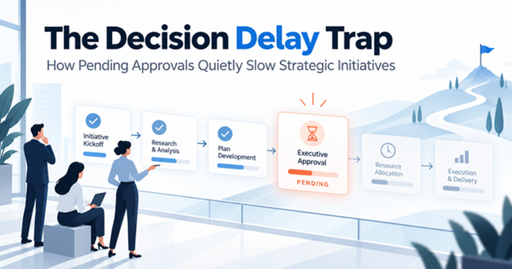 Illustration showing how pending executive approvals delay strategic initiatives, project execution, and resource allocation in business workflows.