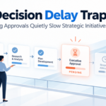 Illustration showing how pending executive approvals delay strategic initiatives, project execution, and resource allocation in business workflows.