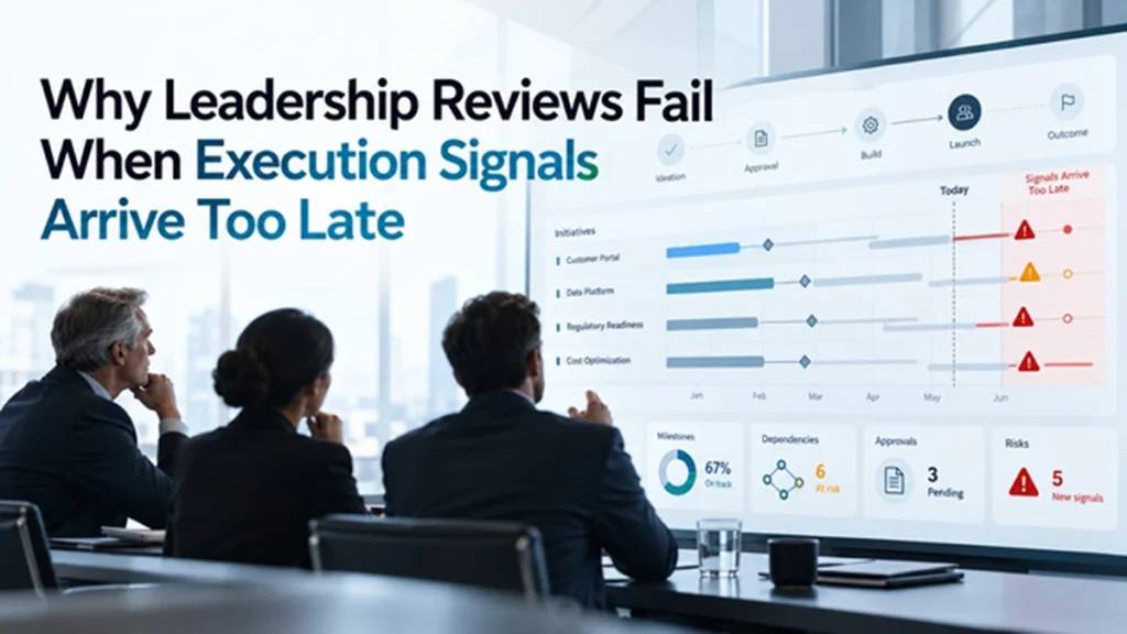 Business leaders reviewing a project execution dashboard showing delayed signals, milestones, dependencies, approvals, and risks.