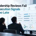 Business leaders reviewing a project execution dashboard showing delayed signals, milestones, dependencies, approvals, and risks.